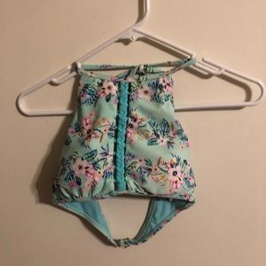 Blue floral high rise swimsuit top.